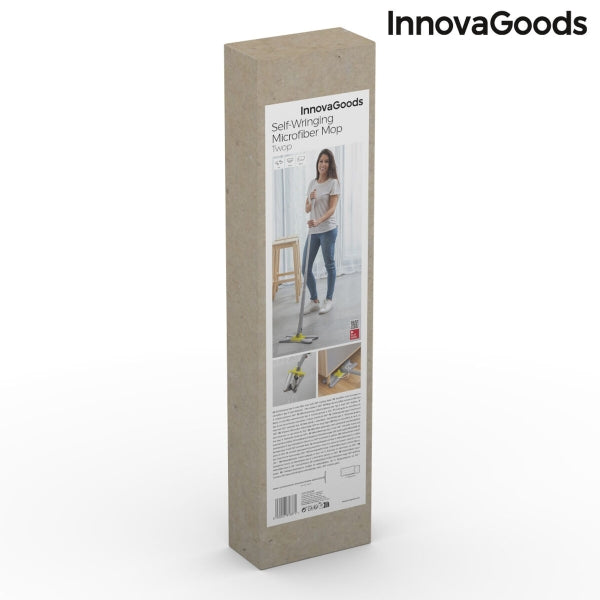 Ambalajul mopului cu burete din fibre cu stoarcere tip X Twop Inovamarket de la InnovaGoods, cu imagine ilustrativă și instrucțiuni.