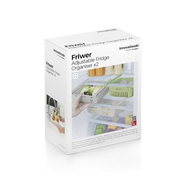 Ambalajul produsului Organizator de frigider reglabil Friwer Inovamarket (2 bucăți), cu imagine ilustrativă și detalii de utilizare