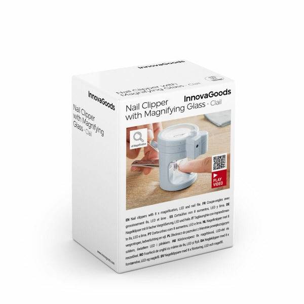 Ambalajul unghierei Clail Inovamarket cu lupă și lumină LED, evidențiind funcțiile produsului pentru îngrijirea unghiilor.