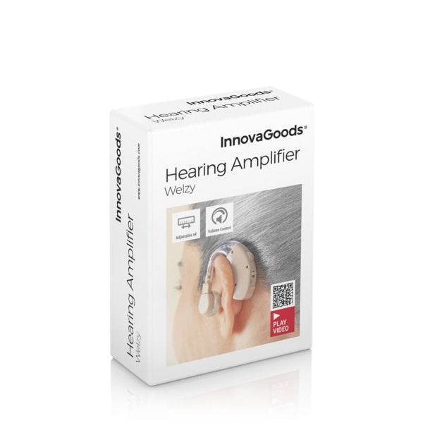 Ambalajul produsului Dispozitiv audio portabil Welzy de la InnovaGoods, evidențiind funcționalitatea și designul ergonomic