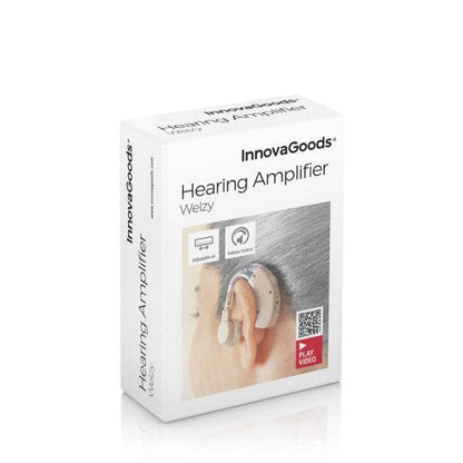 Ambalajul produsului Dispozitiv audio portabil Welzy de la InnovaGoods, evidențiind funcționalitatea și designul ergonomic