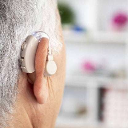 Dispozitiv audio portabil Welzy montat pe ureche, cu design ergonomic și braț flexibil pentru confort auditiv optim