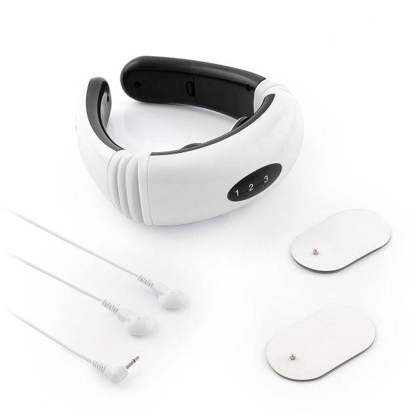 Set complet Aparat de Masaj pentru Gât și Spate Electromagnetic Calmagner Inovamarket cu electrozi, cabluri și dispozitiv ergonomic alb-negru.