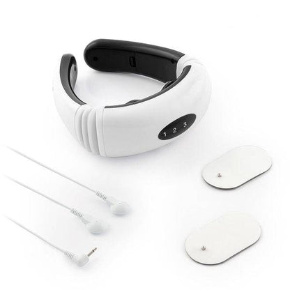 Set complet Aparat de Masaj pentru Gât și Spate Electromagnetic Calmagner Inovamarket cu electrozi, cabluri și dispozitiv ergonomic alb-negru.