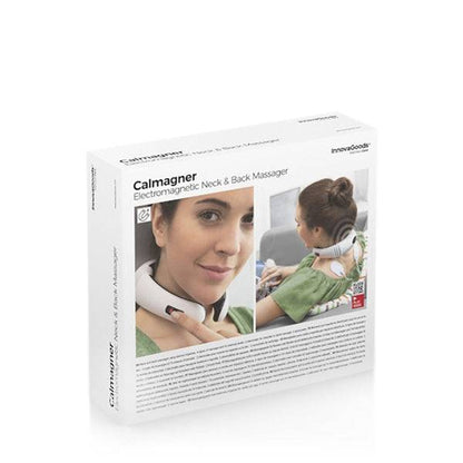 Ambalajul produsului Aparat de Masaj pentru Gât și Spate Electromagnetic Calmagner Inovamarket, din categoria sănătate și frumusețe, cu imagini demonstrative.