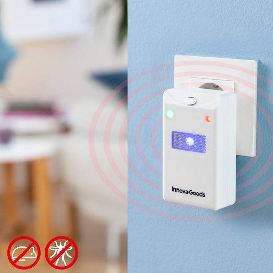 Aparat Împotriva Insectelor și Rozătoarelor cu LED Killekt Inovamarket conectat la priză, emisii ultrasonice vizibile pentru protecție casnică eficientă.