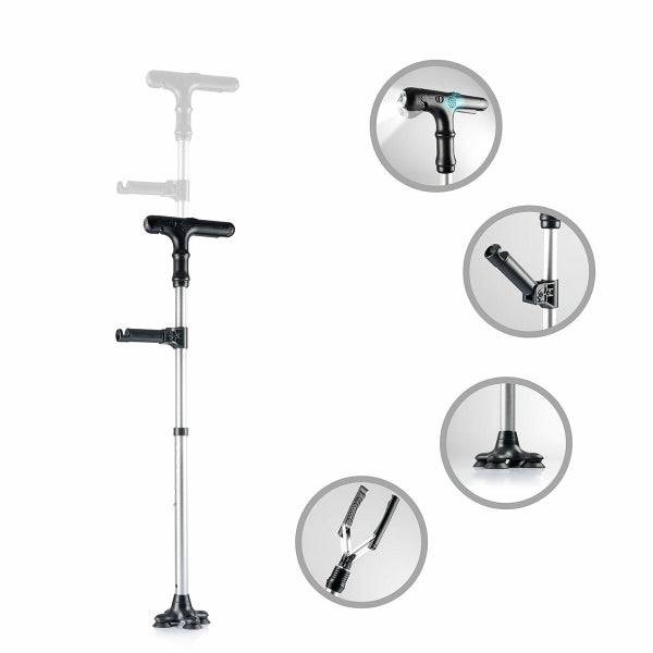 Caracteristici baston Hannde Inovamarket: LED, alarmă, mâner pliabil și mână mecanică, ilustrate în pictograme