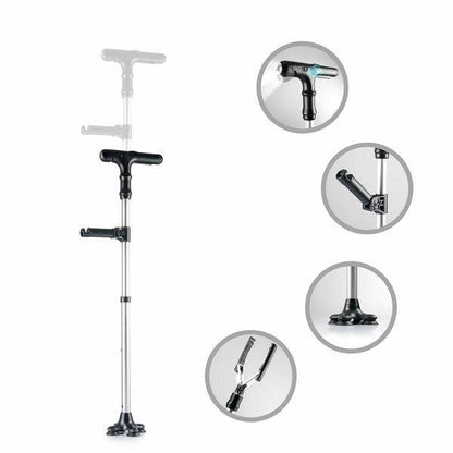 Caracteristici baston Hannde Inovamarket: LED, alarmă, mâner pliabil și mână mecanică, ilustrate în pictograme