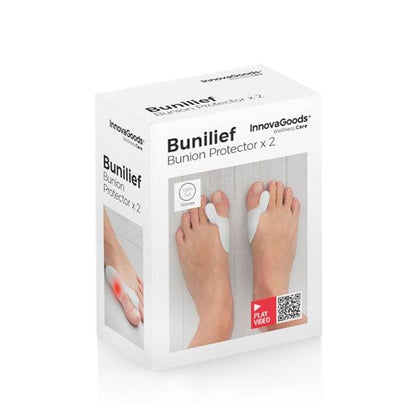 Ambalajul produsului Bunilief Inovamarket cu 2 corectoare din silicon pentru degete, confort unisex și reutilizabile.