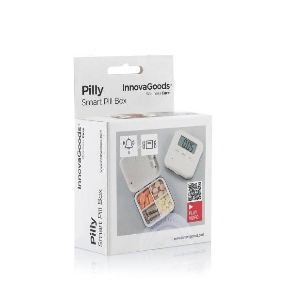 Ambalajul produsului Pilly Inovamarket – cutie inteligentă pentru pastile cu alarmă și vibrație, ideală pentru sănătate și îngrijire personală.