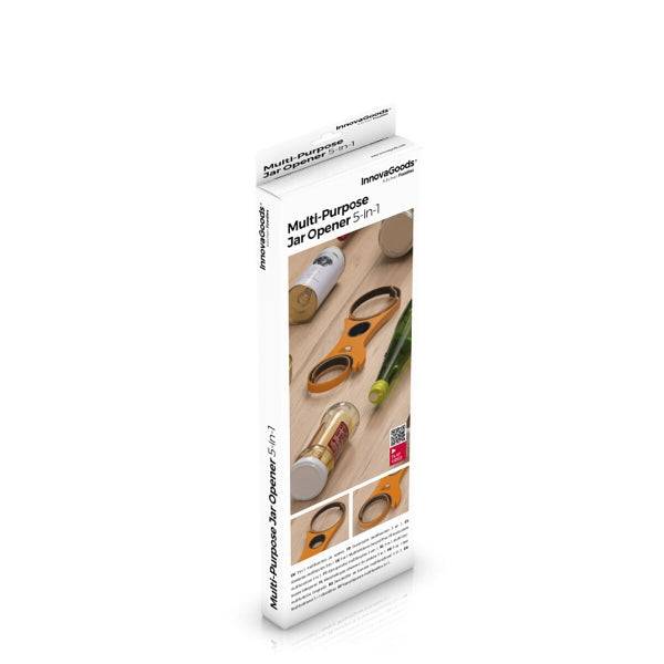 Ambalajul produsului Desfăcător de Borcane Multifuncțional 5 în 1 Inovamarket, ideal pentru rafturile de e-commerce din categoria ustensile de bucătărie.
