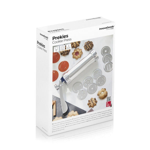 Ambalajul produsului Mașină de fabricare biscuiți 2 în 1 Prekies Inovamarket, ideal pentru cadouri și uz personal.