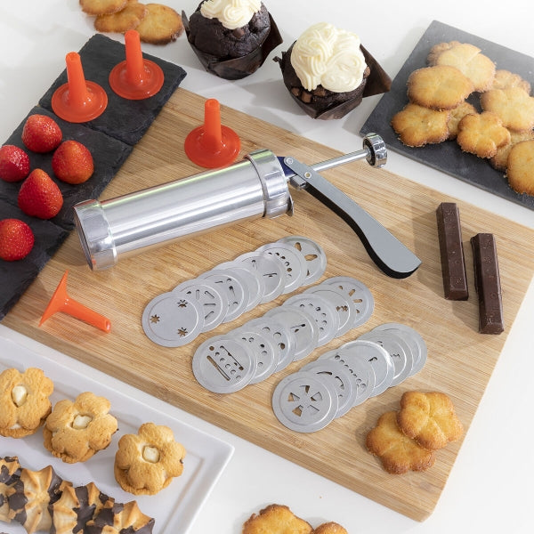 Set complet Mașină de fabricare biscuiți 2 în 1 Prekies Inovamarket cu discuri și duze, ideal pentru deserturi creative.