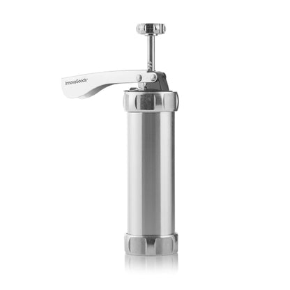Pistolul pentru biscuiți Prekies Inovamarket din inox, design compact și elegant pentru uz casnic în bucătărie.
