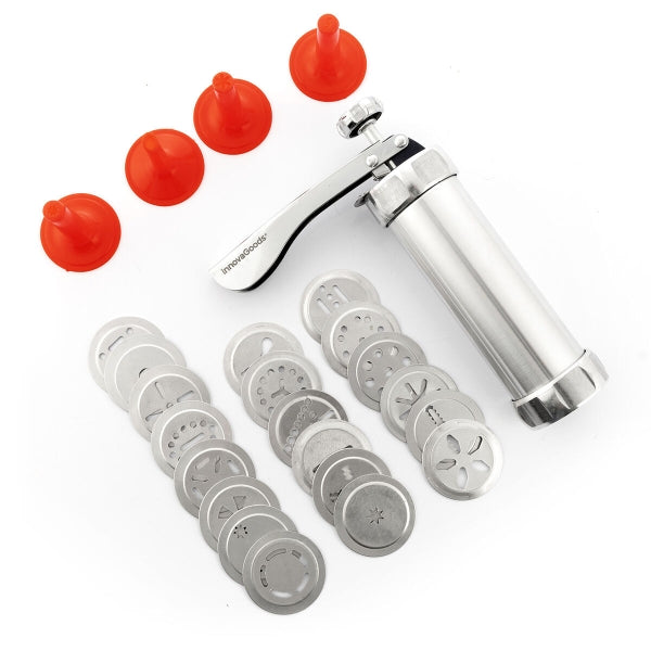 Set complet Prekies Inovamarket cu mașină de biscuiți, 20 discuri și 4 duze, perfect pentru gătit creativ acasă.