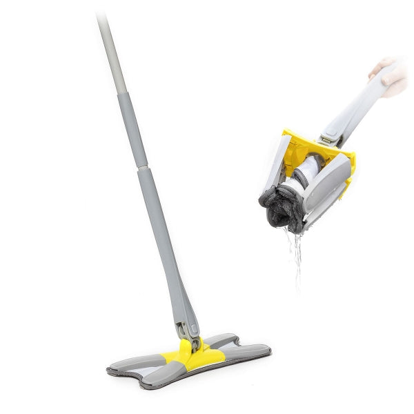 Mop cu burete din fibre cu stoarcere tip X Twop Inovamarket cu sistem de stoarcere demonstrat, ideal pentru curățenie rapidă și eficientă.