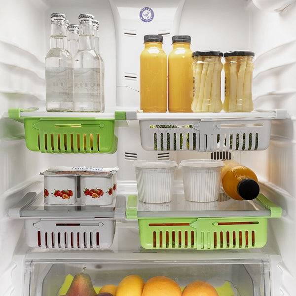 Organizatoare de frigider Friwer Inovamarket în culori verde și alb, utilizate pentru organizarea sucurilor, iaurturilor și legumelor