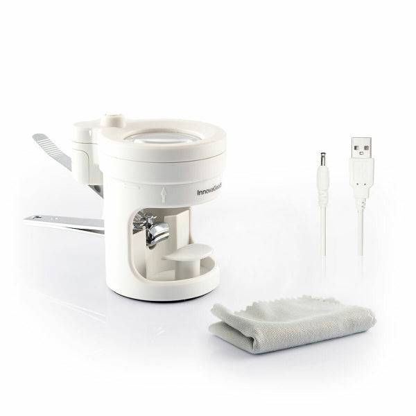 Set complet Clail Inovamarket cu unghieră LED, lupă, pilă, cablu USB și lavetă, perfect pentru îngrijirea personală acasă.